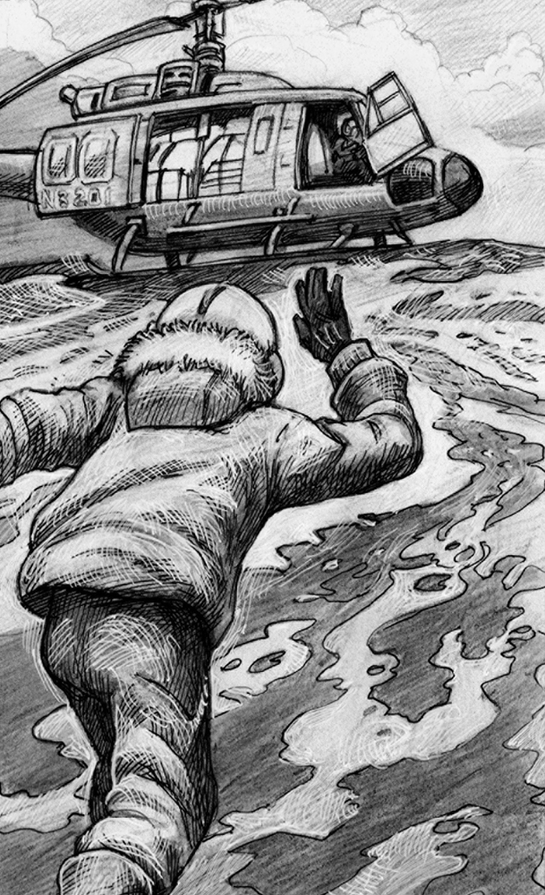 Antarctica! black and white illustration of person in a snowsuit waving at helicopter